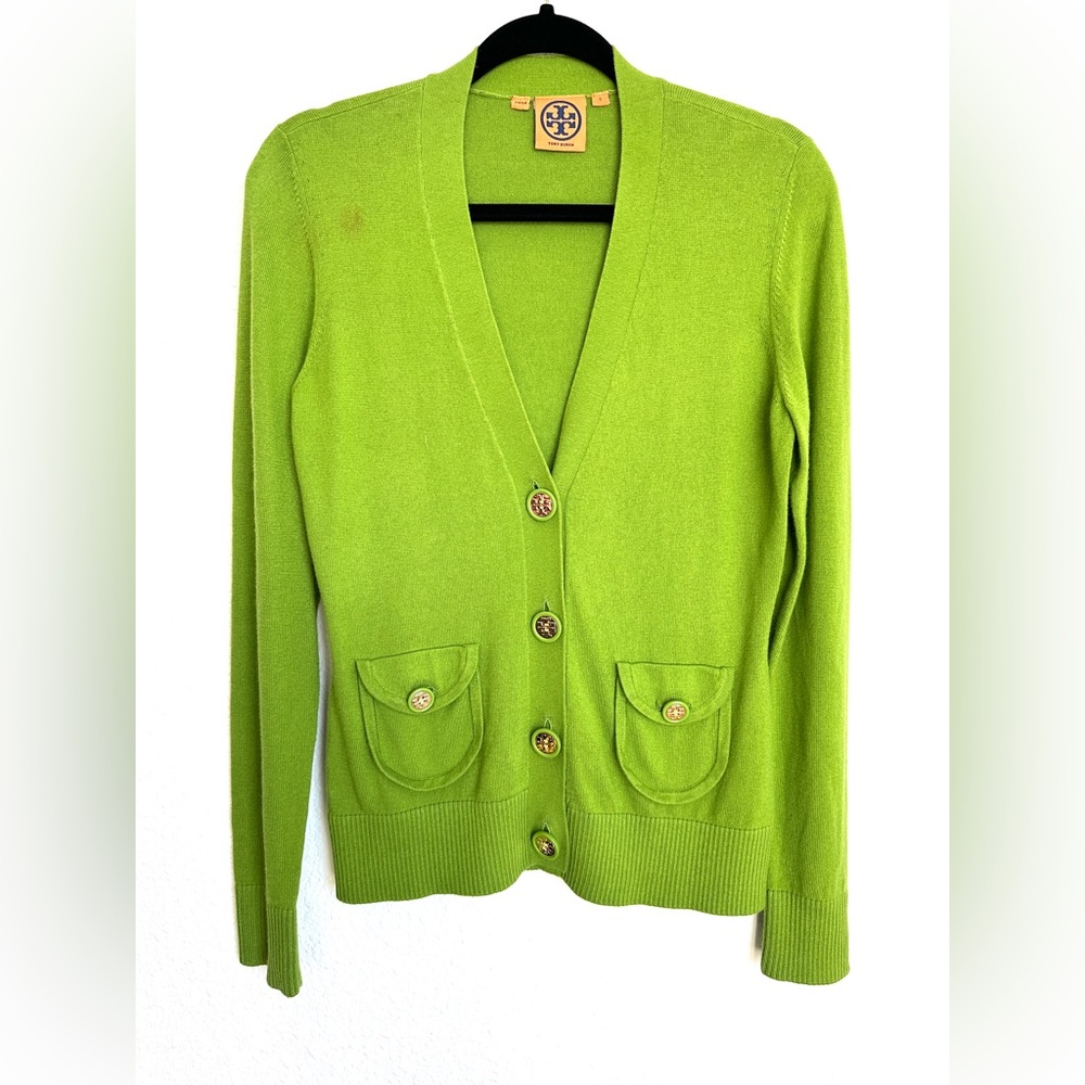 Tory Burch Green Cardigan with Gold Buttons Cashmere‎ Cotton Small